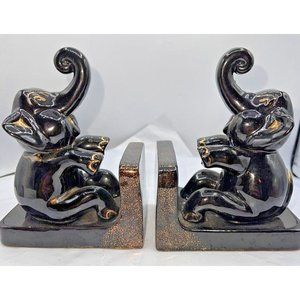 Vtg  Pair of ceramic elephant bookends black and gold 5 1/2 " tall